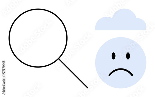 Mental health concept. A magnifying glass investigating a sad face under a cloud, mental health challenges. Mental health awareness, psychological research, depression analysis, clouded thoughts
