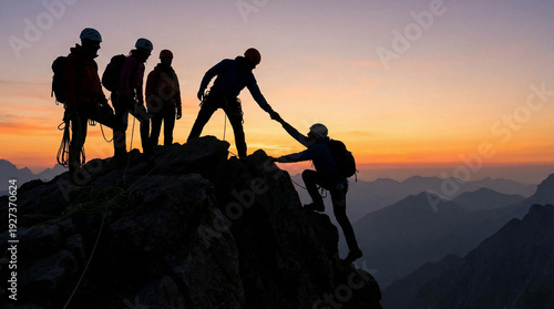 Group of mountaineers silhouetted against a dramatic sunset sky helping a teammate climb a rocky peak symbolizing teamwork and leadership