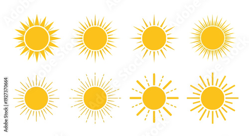 Set of Yellow Sun Icons with Rays, Vector Graphics for Summer and Weather Themes
