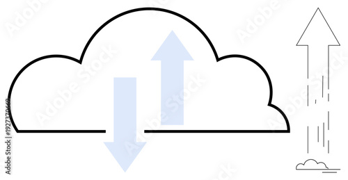 Data storage, file sharing, cloud computing, internet services, digital communication, information flow. A cloud icon with up and down arrows, accompanied by a standalone upward-facing arrow. Data