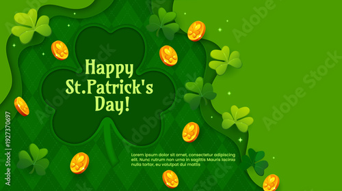 Happy St Patrick day paper cut greeting card with golden coins and shamrock clovers. Vector festive background for celebration of Irish holiday with green trefoils, gold coins, layered papercut waves