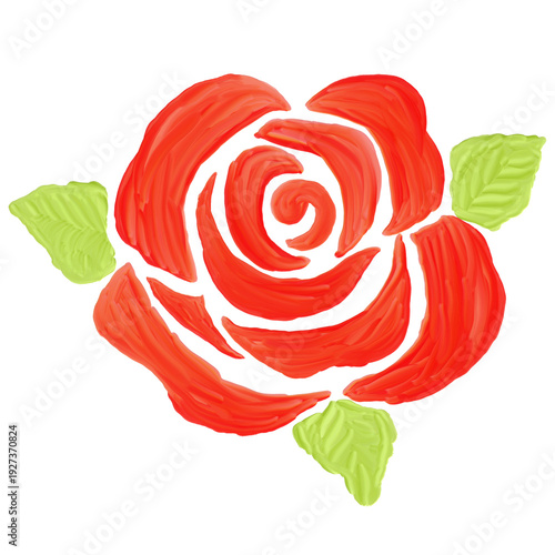 Ol painted red rose flower illustration with soft brush strokes and fresh green leaves, isolated on a white background