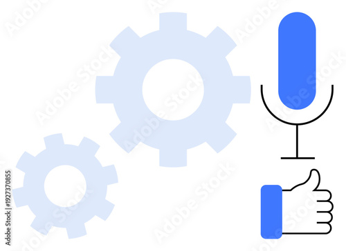 Voice technology concept. Microphone with gear symbols and thumbs-up emphasizing voice recognition, systems, and feedback. Voice tools for AI, systems design, audio development, UX, automation