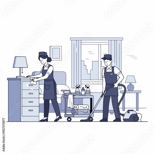Housekeeping staff cleaning room illustration white background