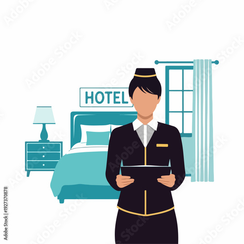 Housekeeping staff cleaning room illustration white background