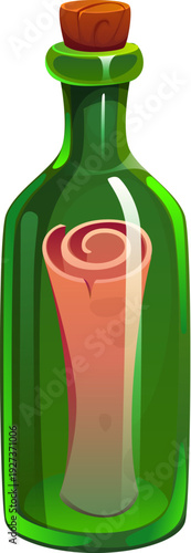 Cartoon bottle with pirate treasure map. Sea adventure icon, game asset, mysterious glass bottle. Vector green transparent glass flask, sealed with a cork, encases a rolled parchment with message