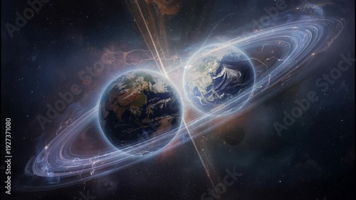 Planet ring collision space nebula galaxy. two Earthlike planets with glowing rings collide amid