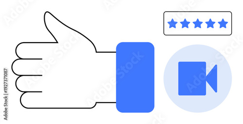 Social media, customer feedback, user experience, online reviews, video content, digital communication. A thumbs-up, video camera icon and five-star rating. Social media and customer feedback