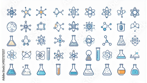 
Chemistry molecule and atomic structure icon set with scientific symbols, formulas and laboratory elements in minimal line vector style