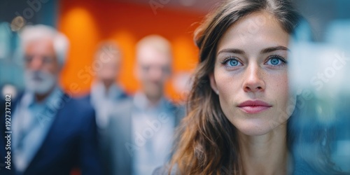 Wallpaper Mural Confident young woman with striking blue eyes leads a diverse team in a modern office setting Torontodigital.ca