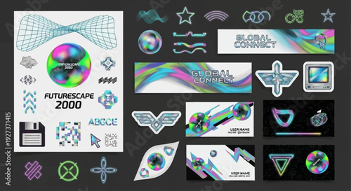 Retro Futuristic Graphic Elements Pack: FutureScape 2000, Glitch Art, Neon Gradients