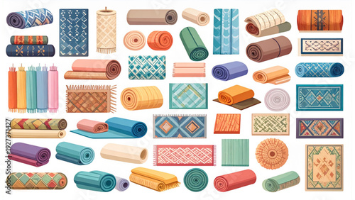 
Colorful rug and carpet collection with woven patterns rolled mat and decorative textile floor coverings vector illustration