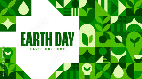 Earth day banner with green geometric pattern and bold typography surrounded by eco friendly abstract motifs, plants and leaves shapes. Vector promotional environmental ecology and sustainability card