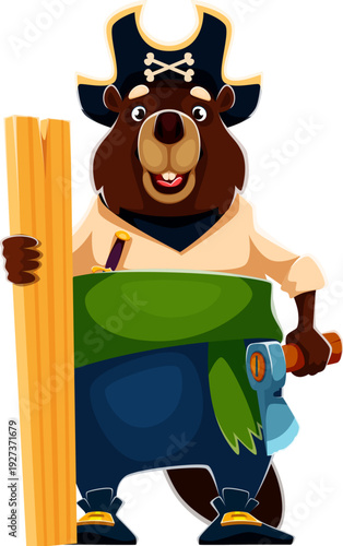Cartoon beaver carpenter vector pirate character stands upright holding long wooden planks in one hand and axe in other. Cute beaver personage in blue trousers. Corsair beaver mascot for pirate party