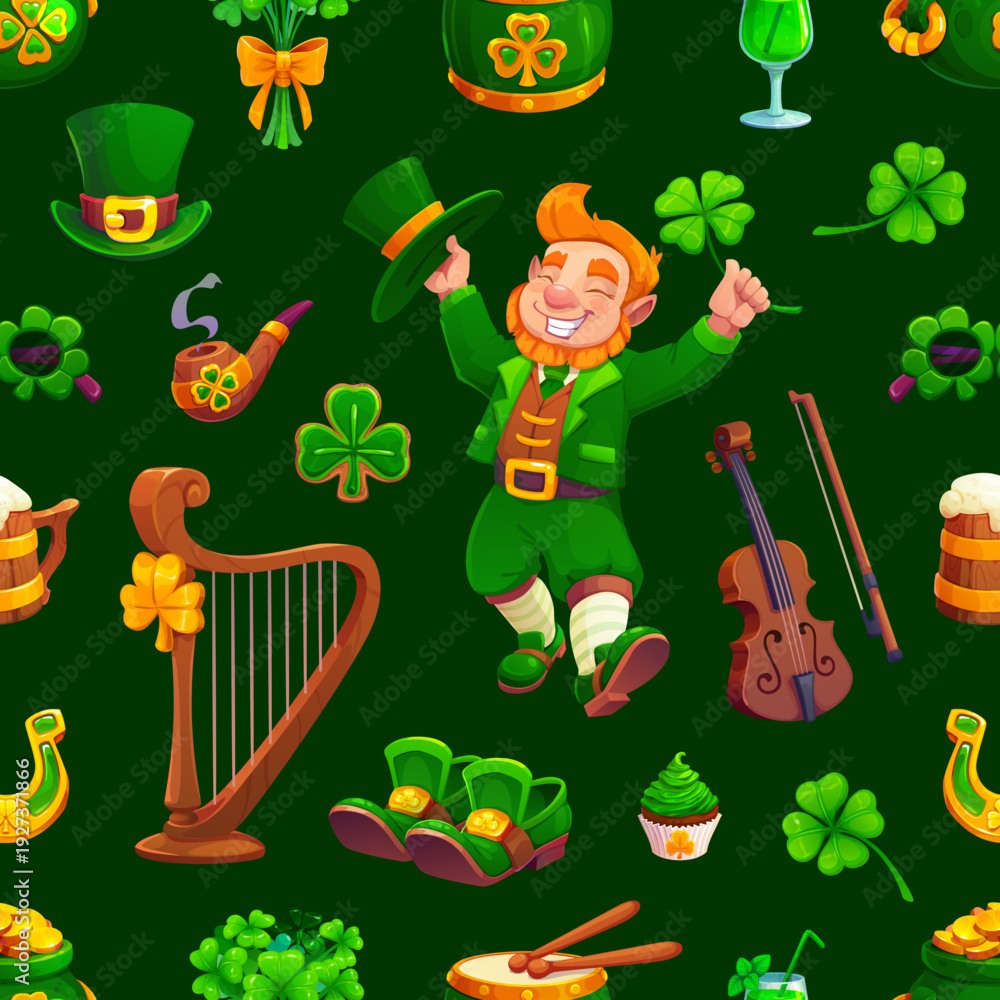 Fototapeta premium St Patrick day pattern. Vector seamless tile wallpaper featuring cartoon leprechaun character, shamrocks, beer, and violins on festive green background reflecting Irish traditions and celebration
