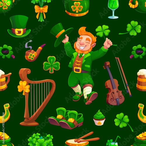 St Patrick day pattern. Vector seamless tile wallpaper featuring cartoon leprechaun character, shamrocks, beer, and violins on festive green background reflecting Irish traditions and celebration