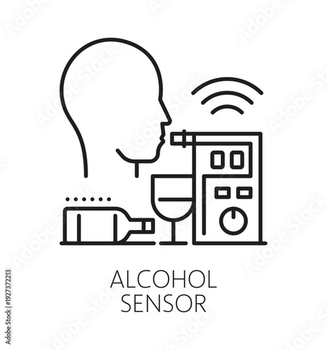 Alcohol detection alarm sensor line icon. Alcohol level measuring sensor thin line pictogram, breathalyser outline vector symbol. Drunk person detection technology linear sign or icon