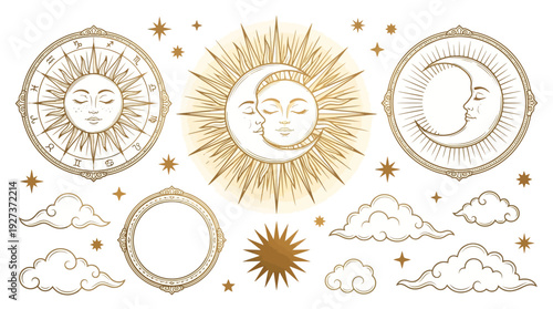 Mystical Celestial Vector Set: Sun, Moon, Zodiac, Stars & Clouds. Boho Esoteric Astrology Elements & Symbols.