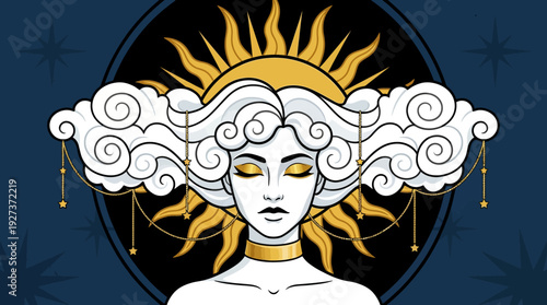 Mystical Cloud Goddess Portrait with Golden Sun and Stars - Ethereal Celestial Woman Illustration