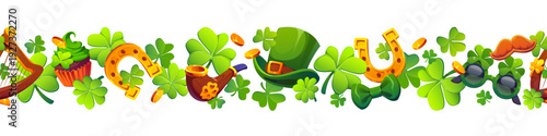 St Patrick day holiday banner with shamrock clover and leprechaun golden coins, horseshoes, mustaches, harps and tobacco pipes. Festive horizontal border, seasonal decor for Irish party celebration