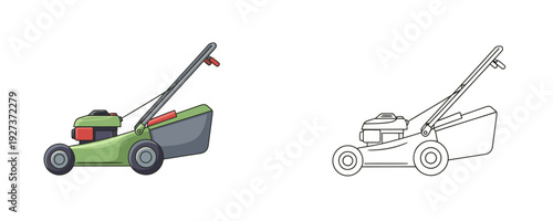 Gas powered lawn mower and black and white line art outline illustration isolated on white background used for garden maintenance and grass cutting equipment