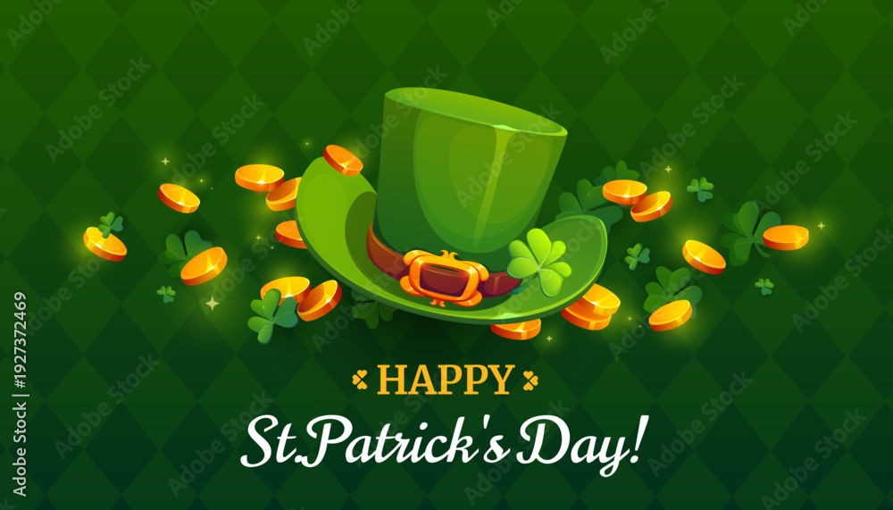 Fototapeta premium Happy St Patrick day banner with green leprechaun top hat and golden coins. Vector greeting card for traditional festival Celtic party celebration with shamrocks and gold on plaid patterned background