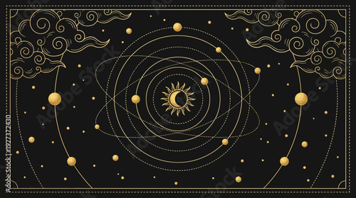 Mystical Golden Astrology Map with Sun, Moon, and Planets on Orbits - Esoteric Celestial Horoscope Design