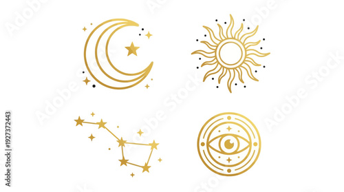 Elegant Gold Celestial & Mystical Symbols Set: Sun, Moon, Constellation, All-Seeing Eye. Bohemian Astrology & Esoteric Vector Icons.