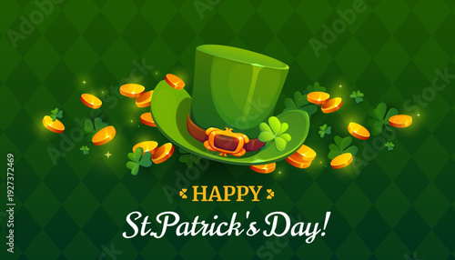 Happy St Patrick day banner with green leprechaun top hat and golden coins. Vector greeting card for traditional festival Celtic party celebration with shamrocks and gold on plaid patterned background