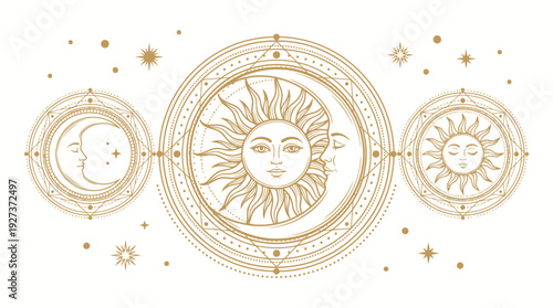 Elegant Gold Celestial Sun and Moon Astrological Vector Illustration with Mystical Esoteric Symbols and Stars
