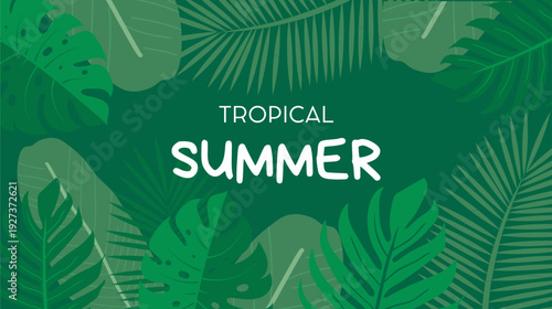 Tropical summer background with tropical leaves, flower and fruits. Modern minimalist summer design
