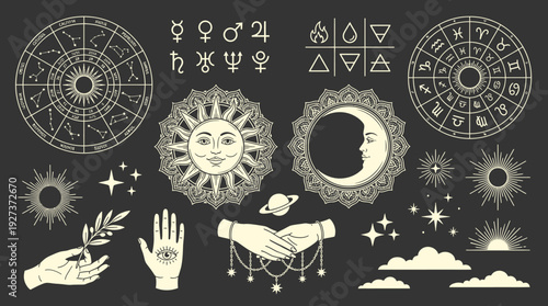 Astrology & Mystical Elements Vector Set: Sun, Moon, Zodiac, Cosmic Symbols, Hands, Esoteric & Spiritual Illustrations