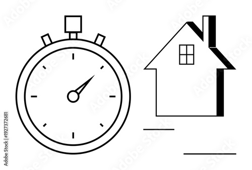 Time management, real estate strategy, home efficiency, deadlines, housing market trends, planning. Black stopwatch next to a minimalist house outline. Time management and real estate strategy