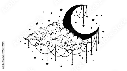 Mystical Crescent Moon, Swirling Clouds, and Dangling Stars Garland Vector Art