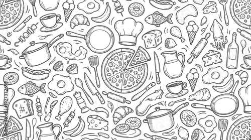 Food and Kitchen Doodle Seamless Pattern. Hand-Drawn Outline Culinary Elements. Restaurant, Cafe, Cooking Background.