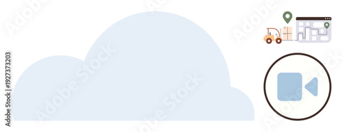 Cloud technology, video streaming, online logistics, location tracking, delivery solutions, remote services. Cloud with camera icon, truck and map elements. Cloud technology and video streaming