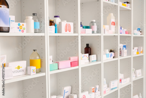 Shelves with medications at pharmacy