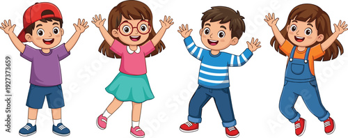 Flat vector illustration set of four happy cartoon children jumping and waving their hands for childhood education school play and diverse youth branding