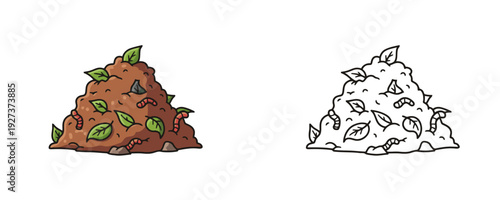 Organic compost pile with green leaves and red worms plus black and white line art outline illustration isolated on white background for soil fertilization