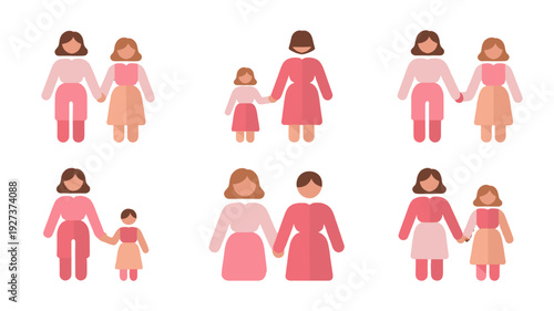 Illustration showing a lesbian couple, single mother, and their children in a symbol style.