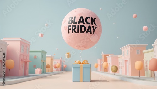 Minimalist black friday advertisement showing a giant pink balloon hovering above a blue gift box in a cheerful pastel street scene
