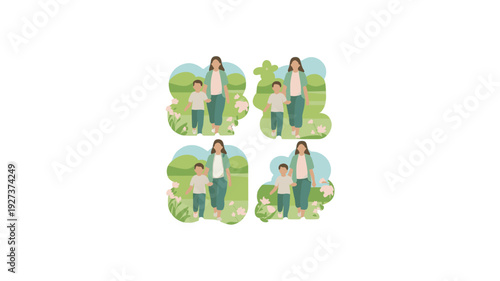 Mother and Child Walking Happily Through a Park.