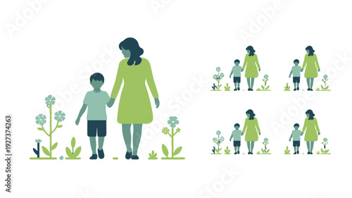 Mother and child illustration of walking together.