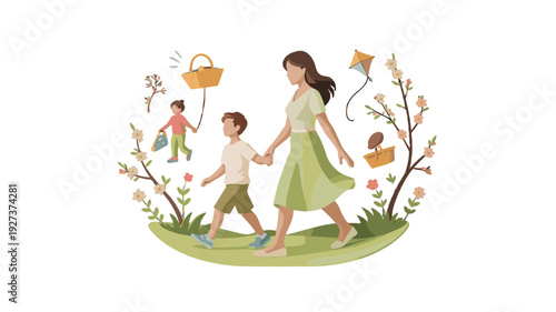 A heartwarming illustration of a mother and child strolling outdoors in a joyful scene.