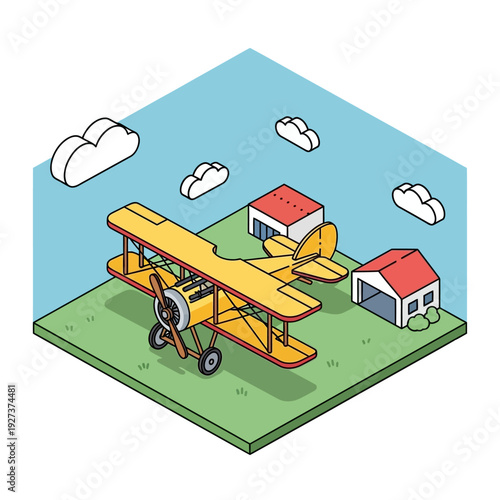 Vintage Yellow Biplane on Green Field with Farmhouses.