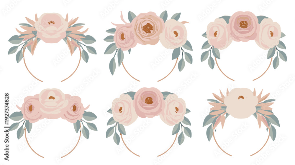 Fototapeta premium Collection of six floral wreaths designed with intricate detail and delicate tones.