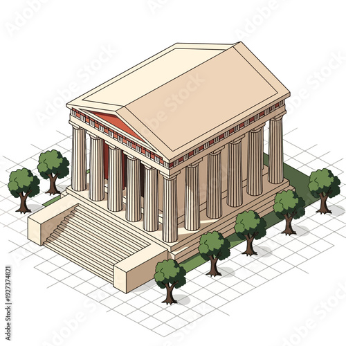 Ancient Greek temple with columns and triangular roof.