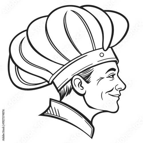 Vintage style profile illustration of a smiling male chef wearing a tall, pleated toque hat in black and white line art
