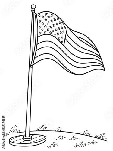 Simple black and white coloring page outline drawing featuring a majestic american flag waving proudly upon a tall flagpole planted on grassy ground.