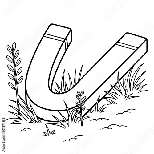 Simple black and white outline drawing of a horseshoe magnet partially hidden among blades of grass and small leafy plants ready for coloring.